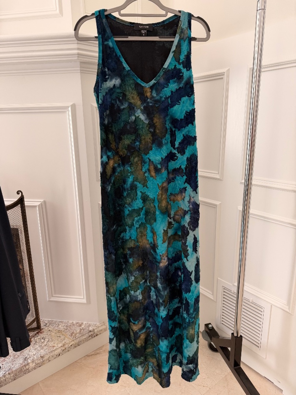 Karen Kane Teal Blue Abstract Print V-Neck Maxi Dress Size M